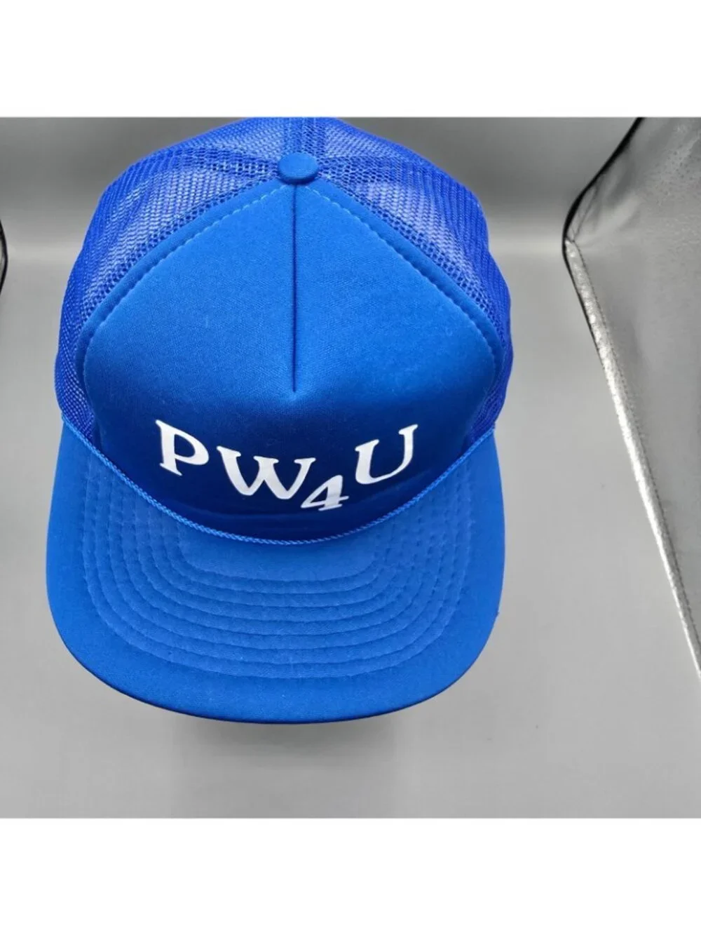 Vintage Distressed PW4U Blue Adjustable Snapback Mesh Crown Trucker Hat